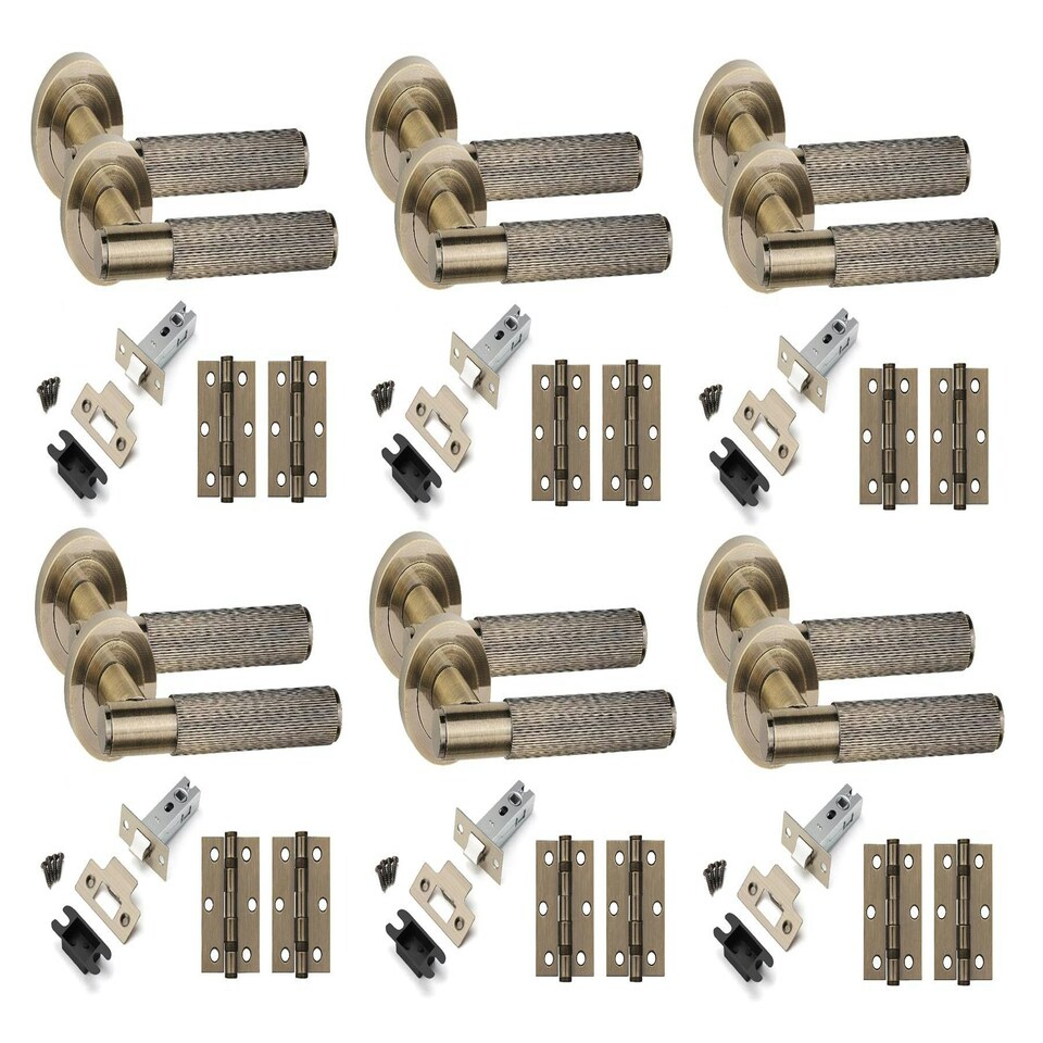 image 1 of Golden Grace 6 Set Straight T-Bar Linear Door Handles in Antique Brass Finish with Tubular Latch and 1 Pair of 3" Ball Bearing Hinges Bronze