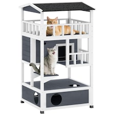 PawHut Wooden Outdoor Cat House 3-Tier Kitten Shelter w/ Tilted Roof Grey