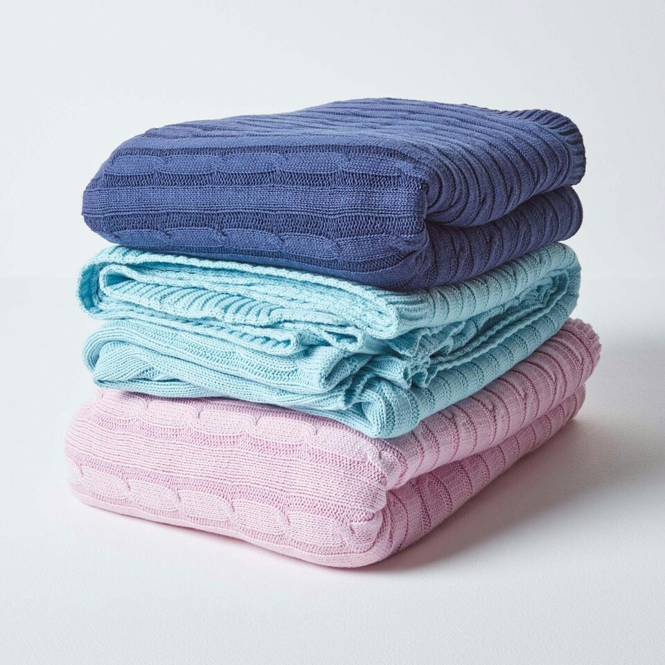 image 1 of Homescapes Cotton Cable Knit Throw - Navy Blue - 150 x 200 cm Blue