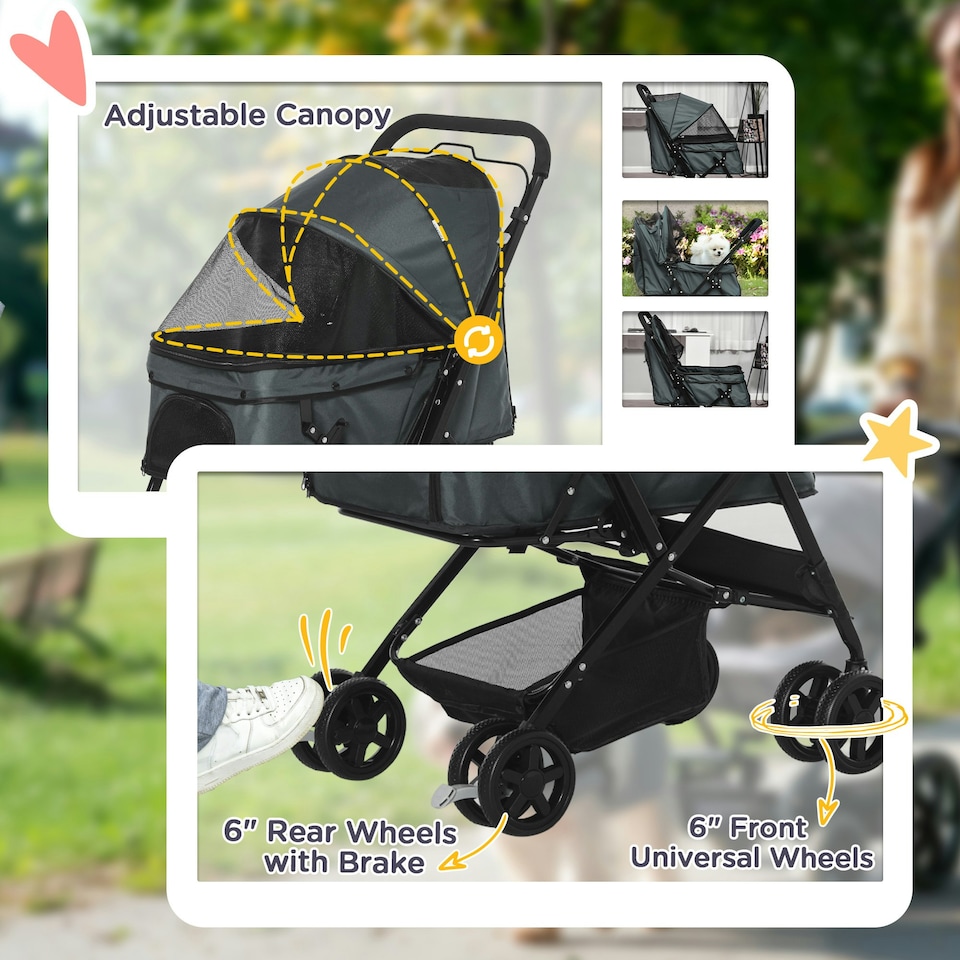 image 1 of PawHut Pet Stroller Dog Foldable Travel Carriage with Reversible Handle, Grey