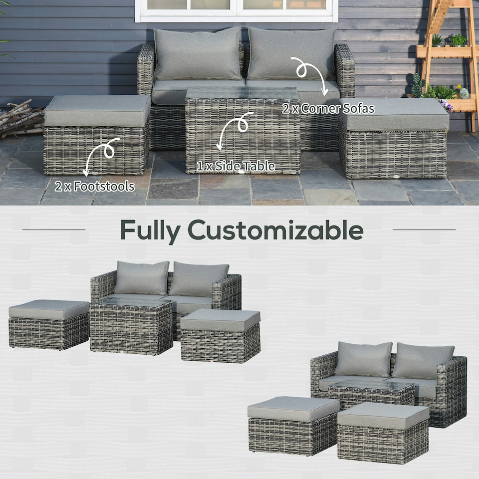 image 1 of Outsunny 5 Pcs Rattan Garden Furniture Set Single Sofa Stool Coffee Table Grey