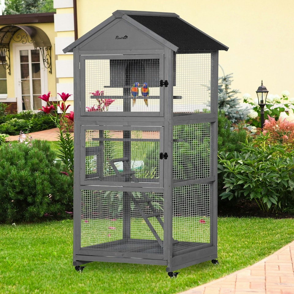 image 1 of PawHut Bird Cage Wooden Aviary for Canary Cockatiel Parrot w/ Wheels Tray