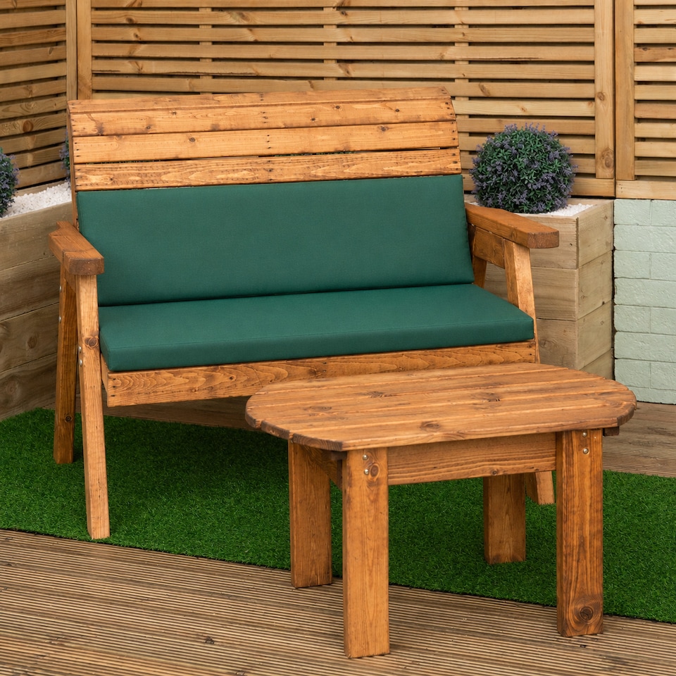 image 1 of 2 Seater Chunky Rustic Wooden Garden Furniture Bench With Coffee Table & Green Cushions
