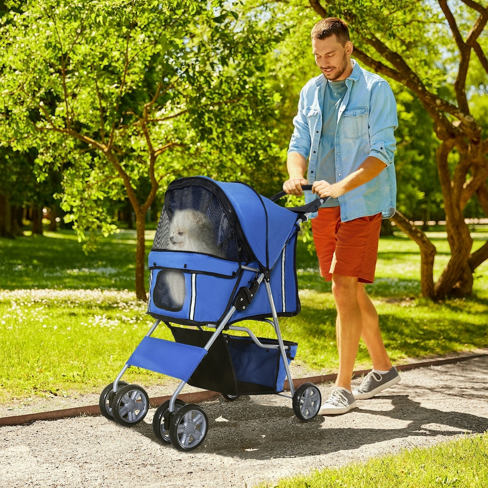 image 1 of PawHut Pet Stroller Carrier Foldable Deluxe Jogger Walk Travel Dog Cat Blue