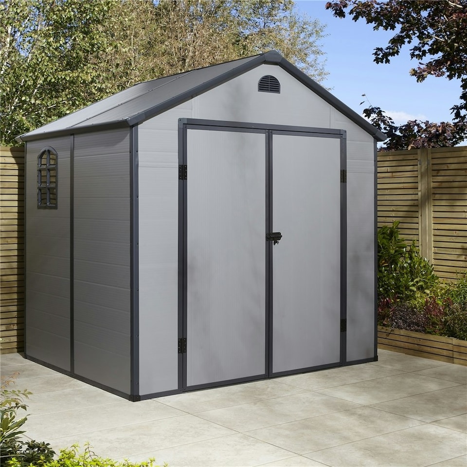 image 1 of 8 x 6 (2.42m x 1.92m) Double Door Apex Plastic Shed - Light Grey