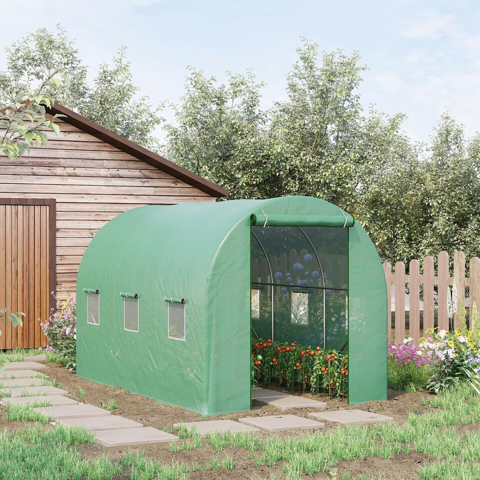 image 1 of Outsunny 3.5 x 2m Walk-In Polytunnel Greenhouse with Roll Up Door Windows Green