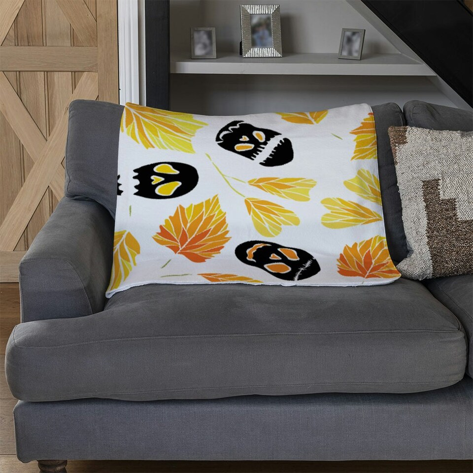 image 1 of Autumn Leaves & Halloween Skulls (Blanket)