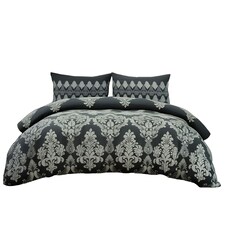Duvet Cover And Pillowcase Set Natural Black Stripe Floral Design Polycotton Bed Linen Black | Black | Double
