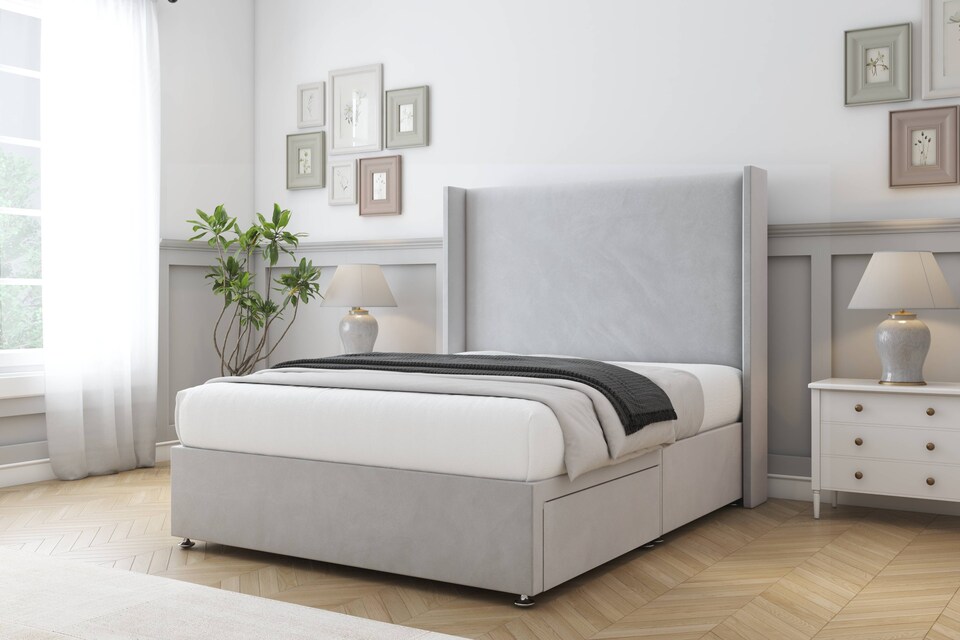 image 1 of Sloomy Devonshire Silver Plush Divan Bed With Mattress No Drawers With 54" Wingback Headboard 4'6 Double | Silver | Silver | Double | 1