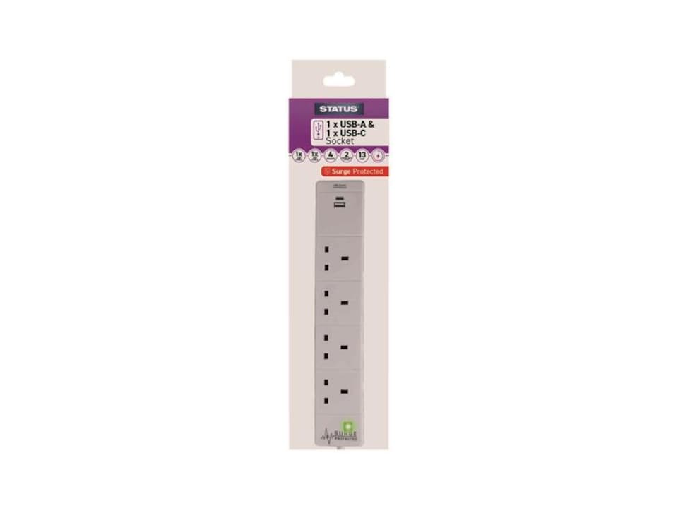 Status 4-Way Extension Lead with 2 USB Ports, Surge Protection, 2m