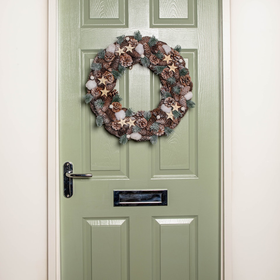 image 1 of 50cm Frosted Hanging Christmas Wreath with Pine Cones & Wooden Stars