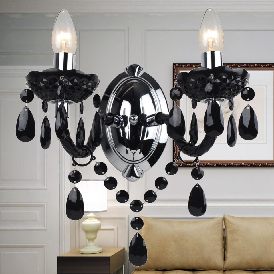 image 1 of Set of 2 Black Acrylic and Chrome Marie Therese Style 2 x 40W Wall Light | Black | Chrome | 2