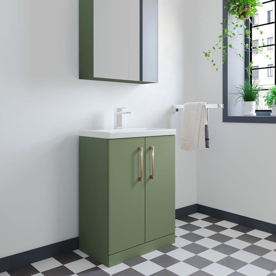 image 1 of Balterley Level Compact Bathroom Cloakroom Vanity Basin Unit with Polymarble Basin, Handles | Green | Satin Green | 840 x 603 x 353mm