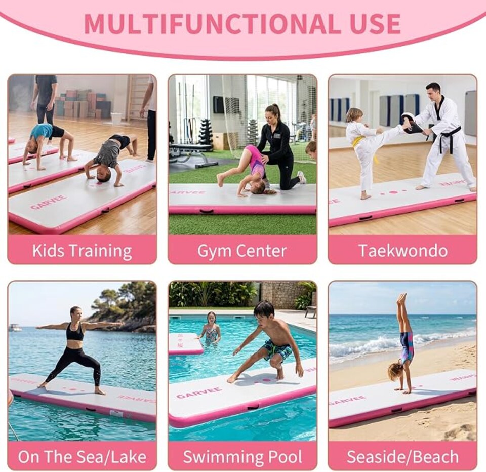 image 1 of London Boutique 16FT*3.3FT Inflatable PVC Gym Mat, Brushed Pink Non Slip Air Tumbling Mat for Yoga and Water Activities