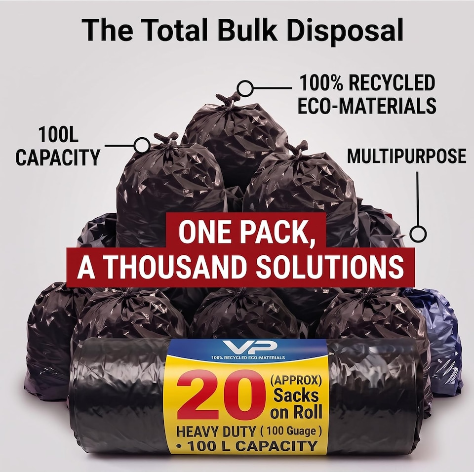 image 1 of VP 200 Large Black Bin Bags, Heavy Duty Refuse Sacks (100L, 18" x 29" x 39"), Ultra Strong, Tear Resistant Black Bin Liners for Household, Kitchen, Garden & Industrial Rubbish, 100% Recycled Plastic