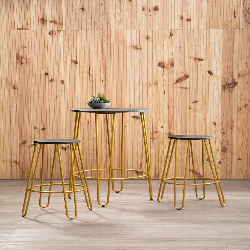 image 1 of Interiors by Premier Set of 3 Gold Frame Bar Table Stool Set , Hairpin Stool for Kitchen Counter, Elm Wood Metal Frame Stool