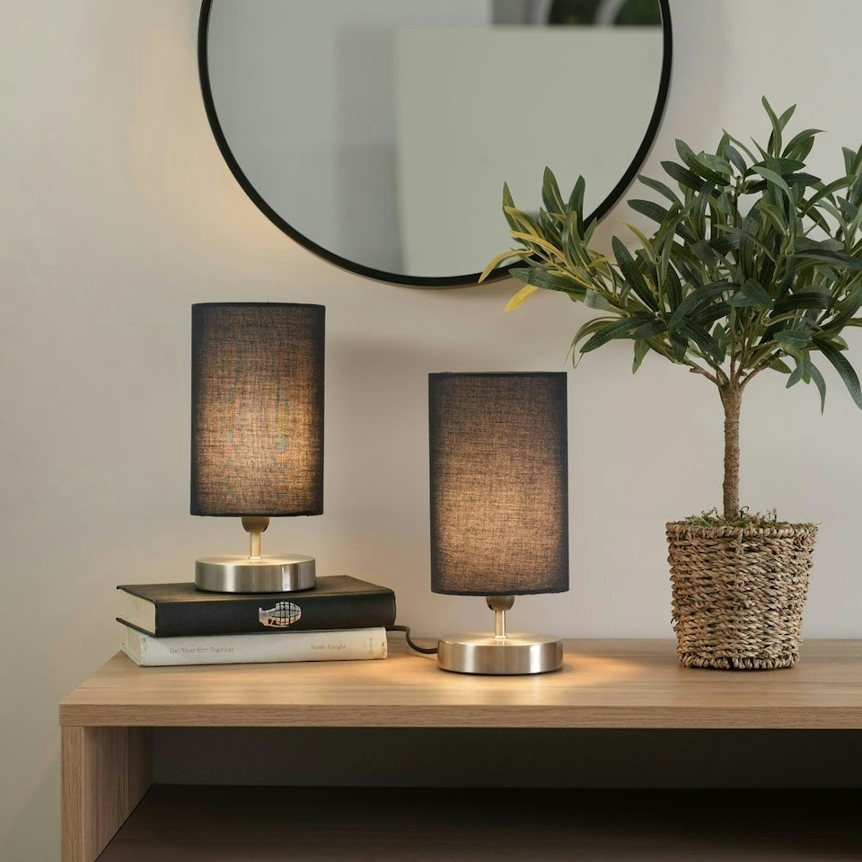 image 1 of ValueLights Pair Francis Brushed Chrome Touch Table Lamps Navy Shades & Bulbs