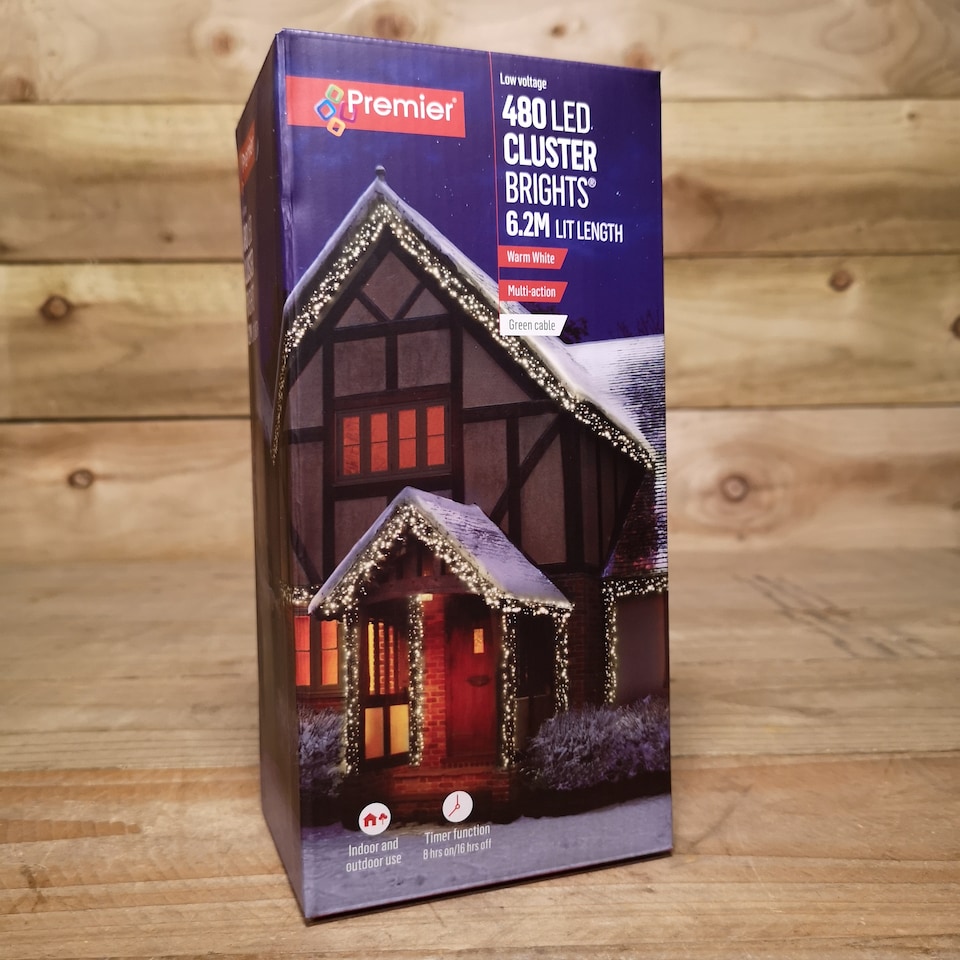 image 1 of 480 LED 6.2m Premier Clusterbrights Indoor Outdoor Multifunction Mains Operated Christmas Cluster Lights with Timer in Warm White