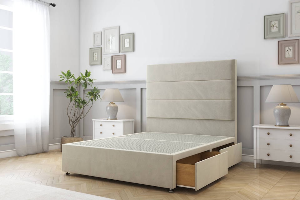 image 1 of Sloomy Texas Cream Plush Divan Bed With Mattress 2 Drawers Footend With 26" Strutted Headboard 6' Super King | Cream | Cream | Super King | 1