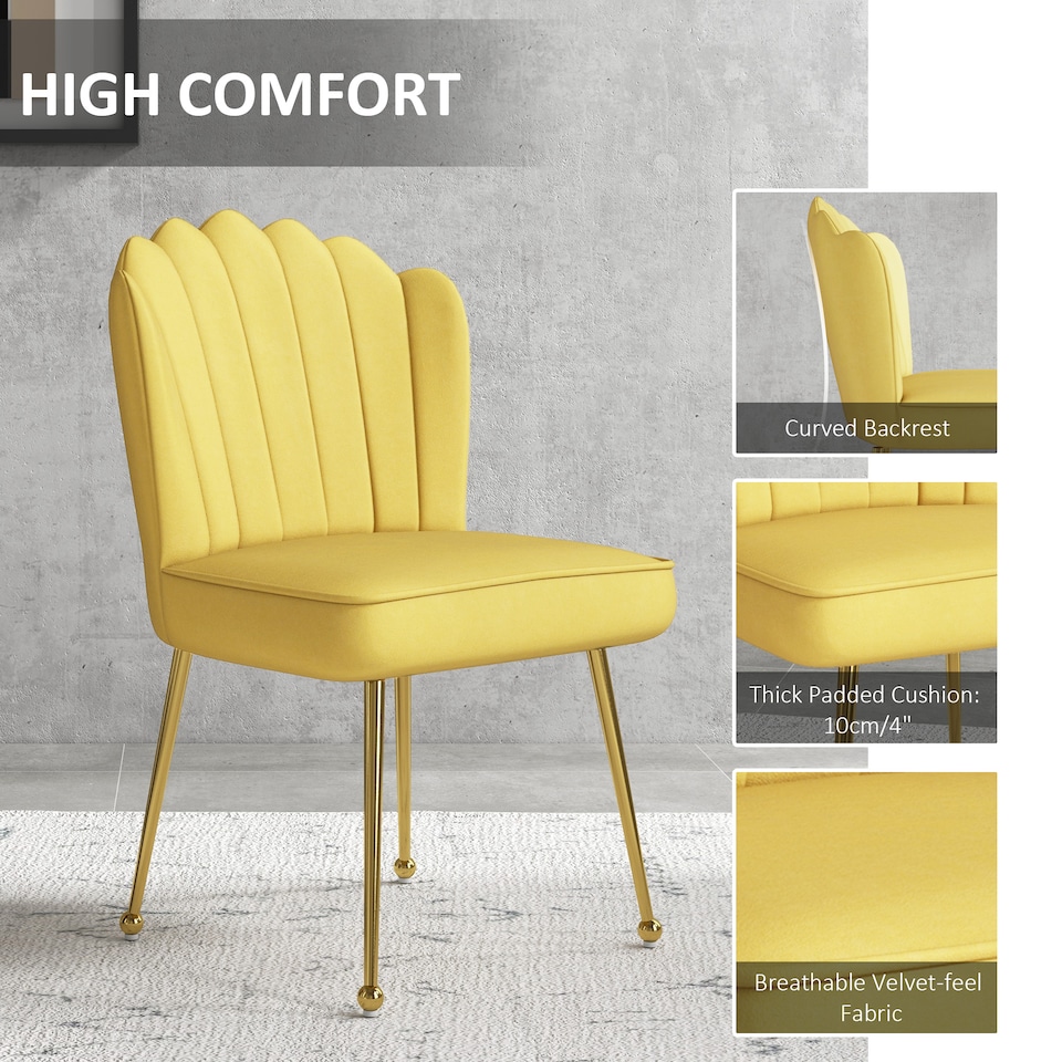 image 1 of HOMCOM Shell Luxe Velvet Accent Chair with Gold-tone Metal Legs, Modern Vanity Chair for Living Room, Bedroom, Home Office, Yellow