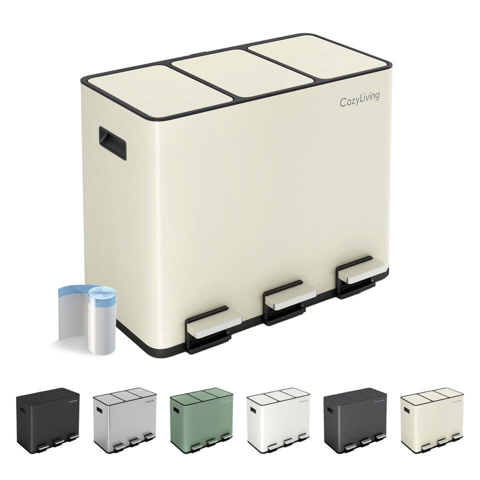 image 1 of CozyLiving 45L Triple Pedal Bin for Recycling and General Waste Rubbish Kitchen Bin 3x 15L