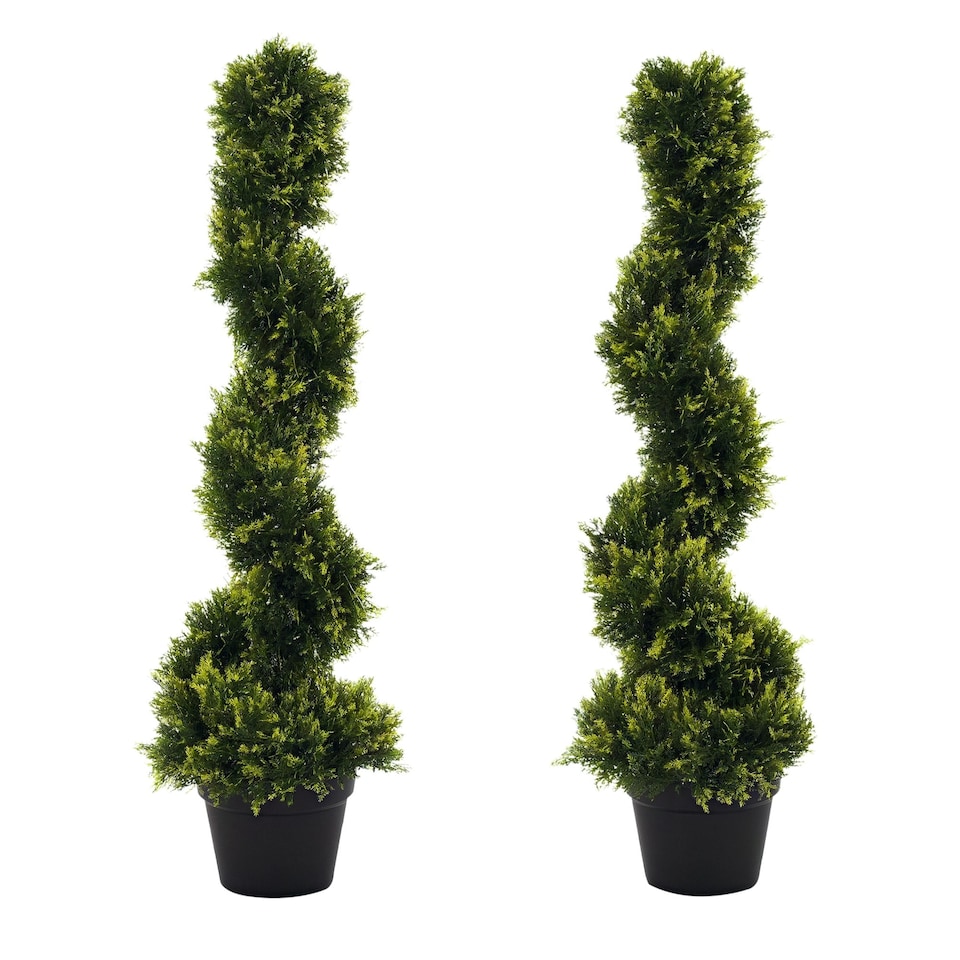 image 1 of Outsunny 90cm3FT Artificial Trees, Spiral Topiary Trees w Pot Set Of 2, Fake Indoor Greenery Plant Home Office Garden Decor Green