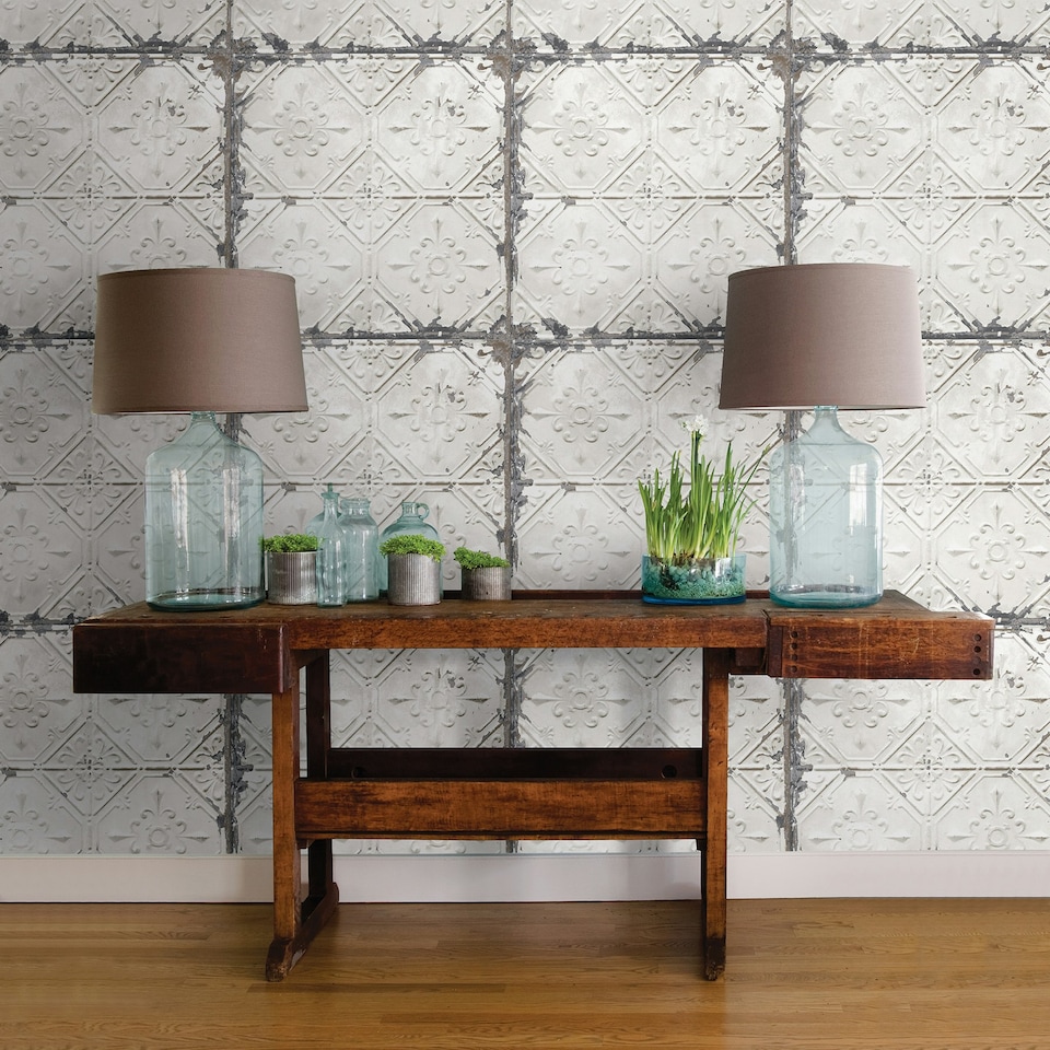 image 1 of NuWallpaper NUS2213 Vintage Tin Tile Peel & Stick Wallpaper, Silver Multi