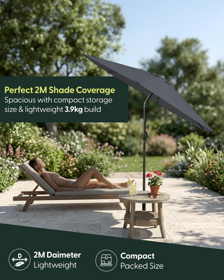 image 1 of Keplin Tilting Garden Parasol Crank Handle Steel Frame 6 Ribs with Cover