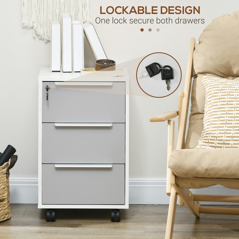 image 1 of HOMCOM Modern 3-Drawer Locking File Cabinet Mobile Filing Cabinet Grey White