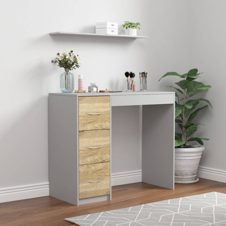 image 1 of 3-Drawer Wooden Desk and Dressing Table - Multi-Functional, 79.5x93x40 cm | Grey | Cool Grey & Oak | 22.5 x 43.5 x 98.5 | 1