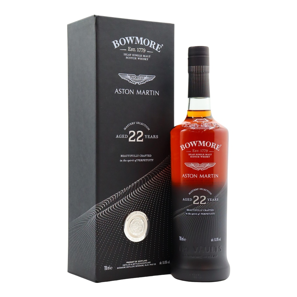 image 1 of Bowmore - Aston Martin Master's Selection 2023 Release Single Malt Scotch 22 year old Whisky | Multi | Rich and sweet, with initial notes of lemon peel, poached peaches and vanilla giving way to indulgent tones of treacle, salted toffee, antique oak, roasted chestnuts and soft leather. Rich and intense. Sherried, complex and nutty in character, with hints of cocoa beans intermingled with sundried raisins, Muscovado sugar, red berries and an elegant layer of peat smoke. Long and sweet with lingering oak spices and sea salt. | 1