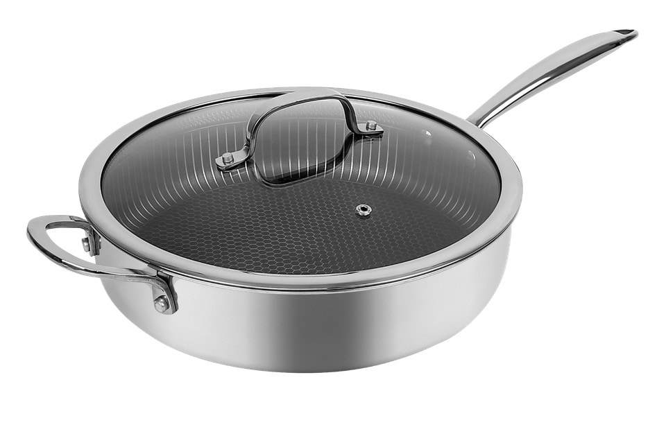 image 1 of Hextec Non Stick Stainless Steel Aluminium Induction Cookware Tempered Glass Lid | Silver | Silver | 28cm Deep Frying Pan + Lid