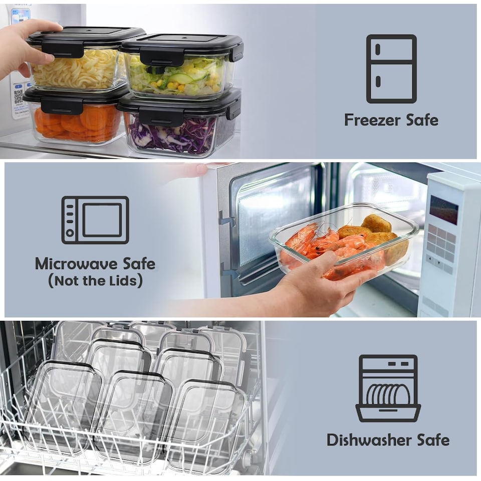 image 1 of 380ml Meal Prep Glass Containers with Airtight Lids Clip Lock Takeaway Containers Pack 4