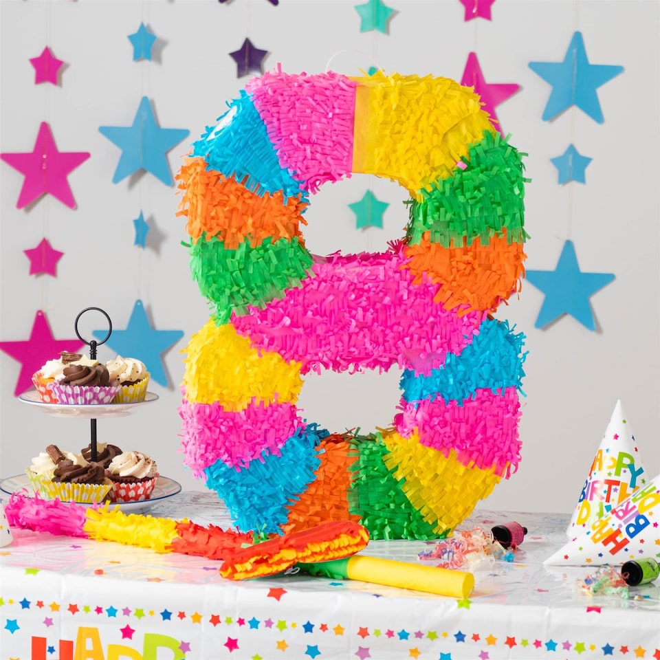 image 1 of Fax Potato Number 8 Pinata Set with Stick & Blindfold - Pink Stick