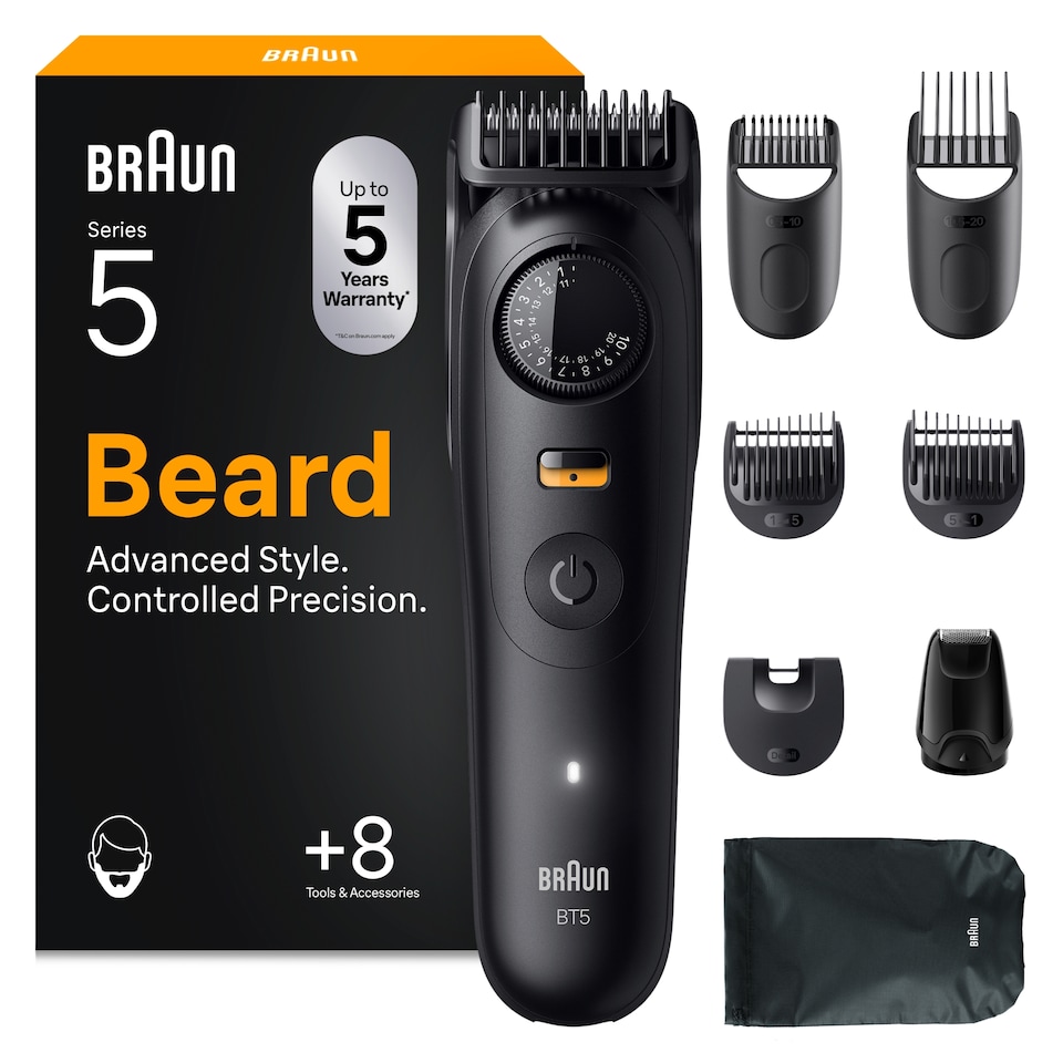 image 1 of Braun Beard Trimmer Series 5, +8 Styling Tools, 40 Lengths, Sharp Blade, BT5560, Black