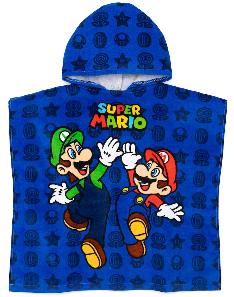 image 1 of Super Mario Kids Towel Poncho | Blue Mario Brothers Game Hooded Bath Towel For Boys | Luigi & Mario With Graphic All Over Print Beach Robe | Cosy Bathing Merchandise Gift for Children & Teens