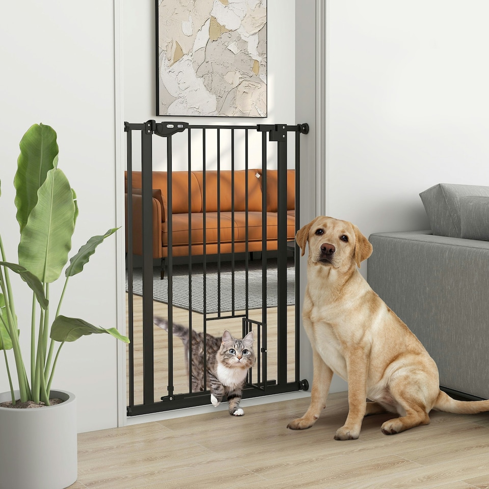 image 1 of PawHut Extra Tall Dog Gate with Cat Door Auto Close for Stairs 74-80 cm Wide