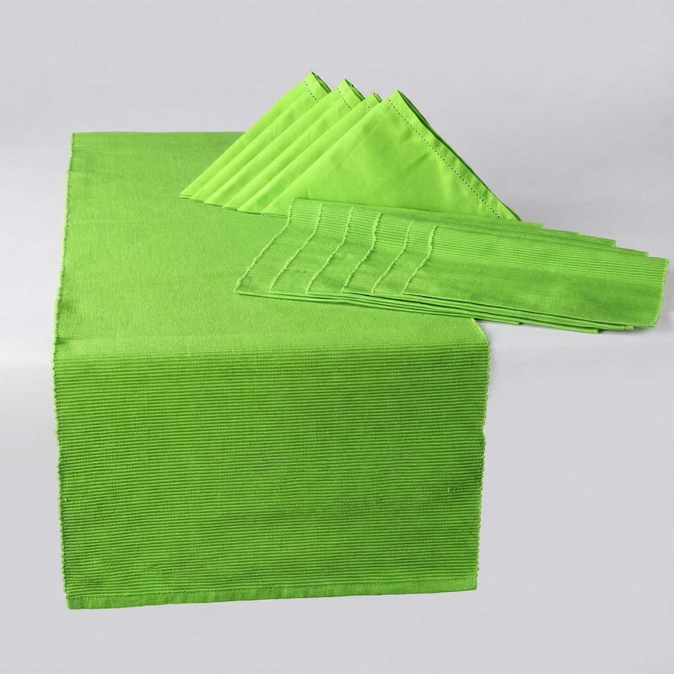 image 1 of Homescapes Cotton Lime Green Pack of 6 Napkins, 6 Placemats & 1 Runner