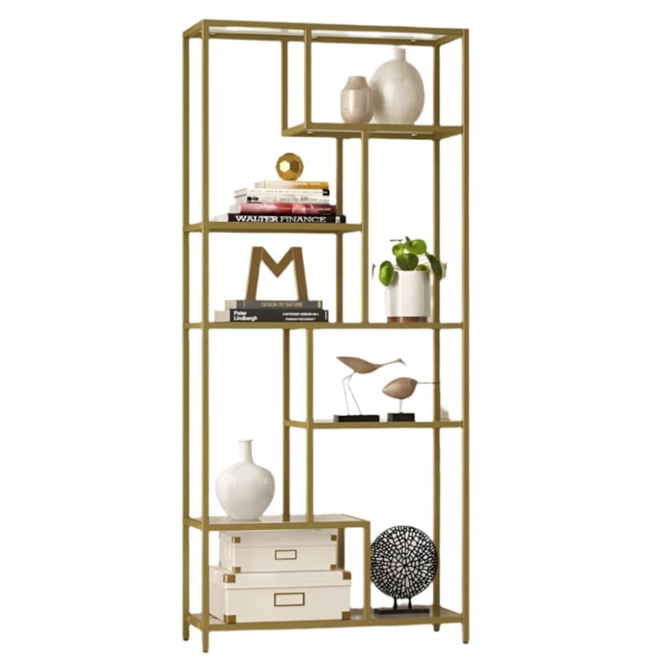 image 1 of 6-Tier Glass Bookshelf – Tall Display Bookcase & Plant Stand, Tempered Glass Shelves,