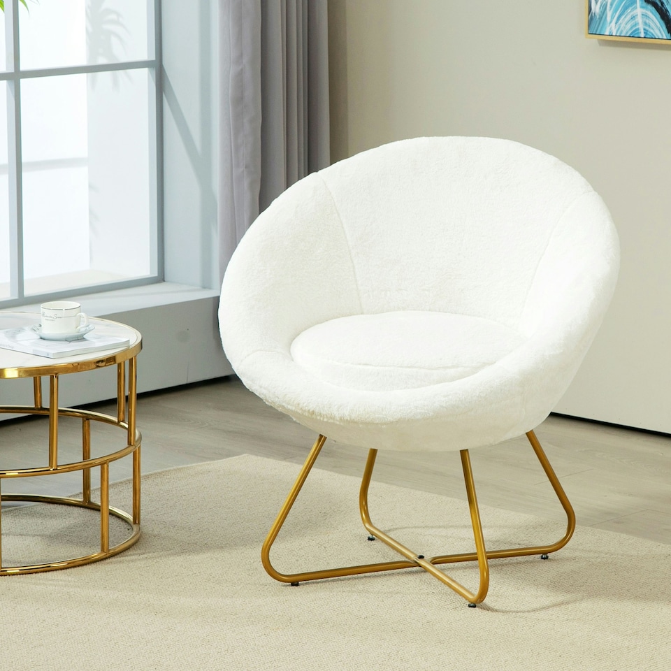 image 1 of HOMCOM Faux Fur Comfy Chair with Golden Metal Legs, Non-Slip Footpad, White