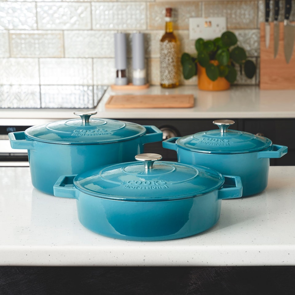 image 1 of Cooks Professional Set of 3 Cast Iron Casserole Dishes 20, 26 & 28cm | Blue | Teal