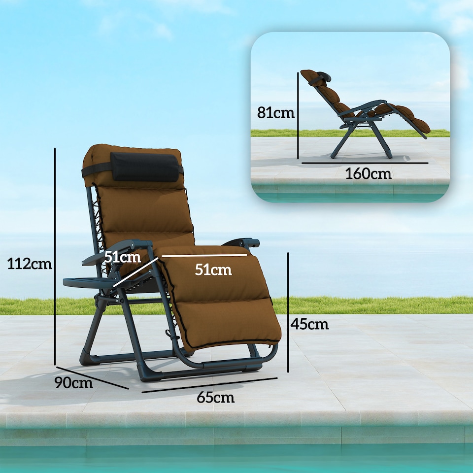 image 1 of Outsunny Zero Gravity Chairs Set of 2, Folding Reclining Garden Chair, Outdoor Sun Lounger with Cushion, Garden Recliner Chairs with Headrest and Cup Phone Holder Tray for Beach, Brown | Brown | Brown