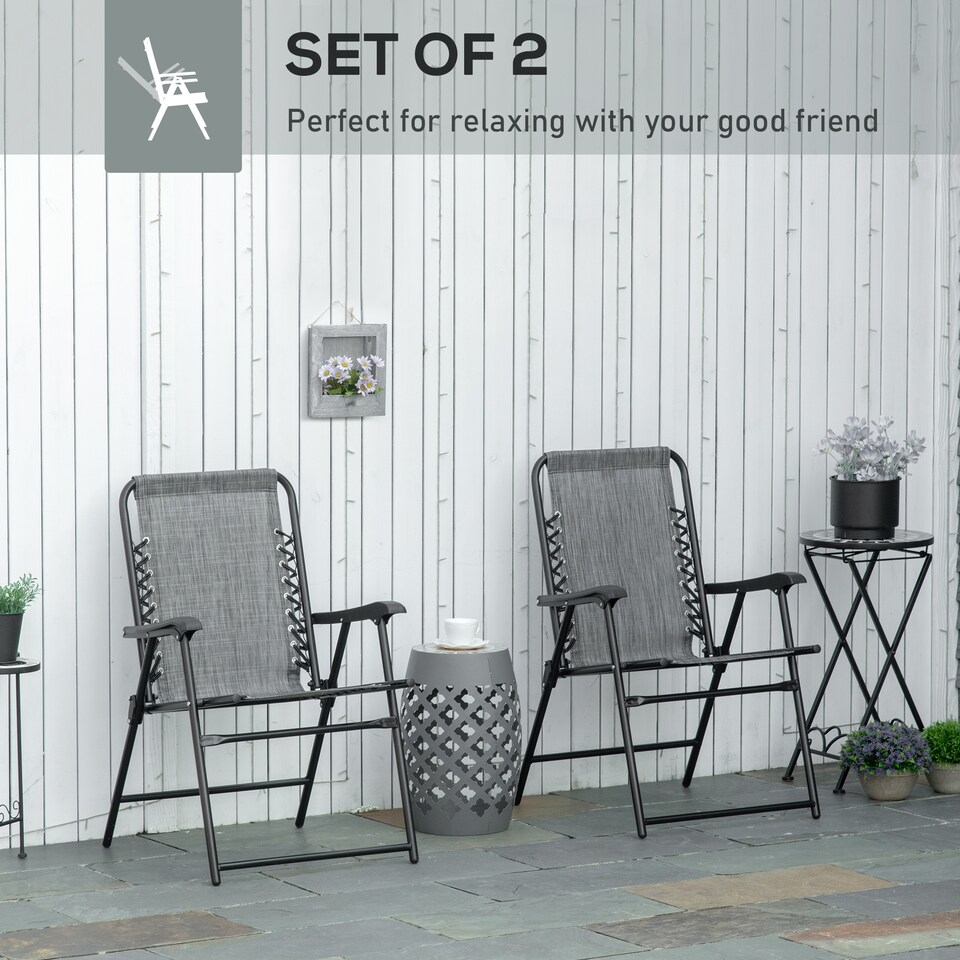 image 1 of Outsunny Set of 2 Patio Folding Chair Set, Garden Portable Outdoor Chairs with Armrest and Breathable Mesh Fabric Seat and Backrest, for Camping, Beach, Deck, Lawn, Grey