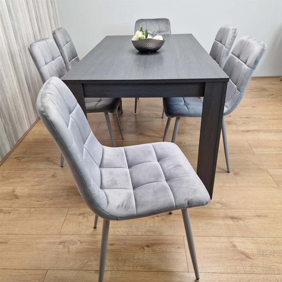 image 1 of Dining Table and 6 Chairs  Black Dark Grey 6 Grey Velvet Chairs Wood Dining Set Furniture | Grey | One Size | 7