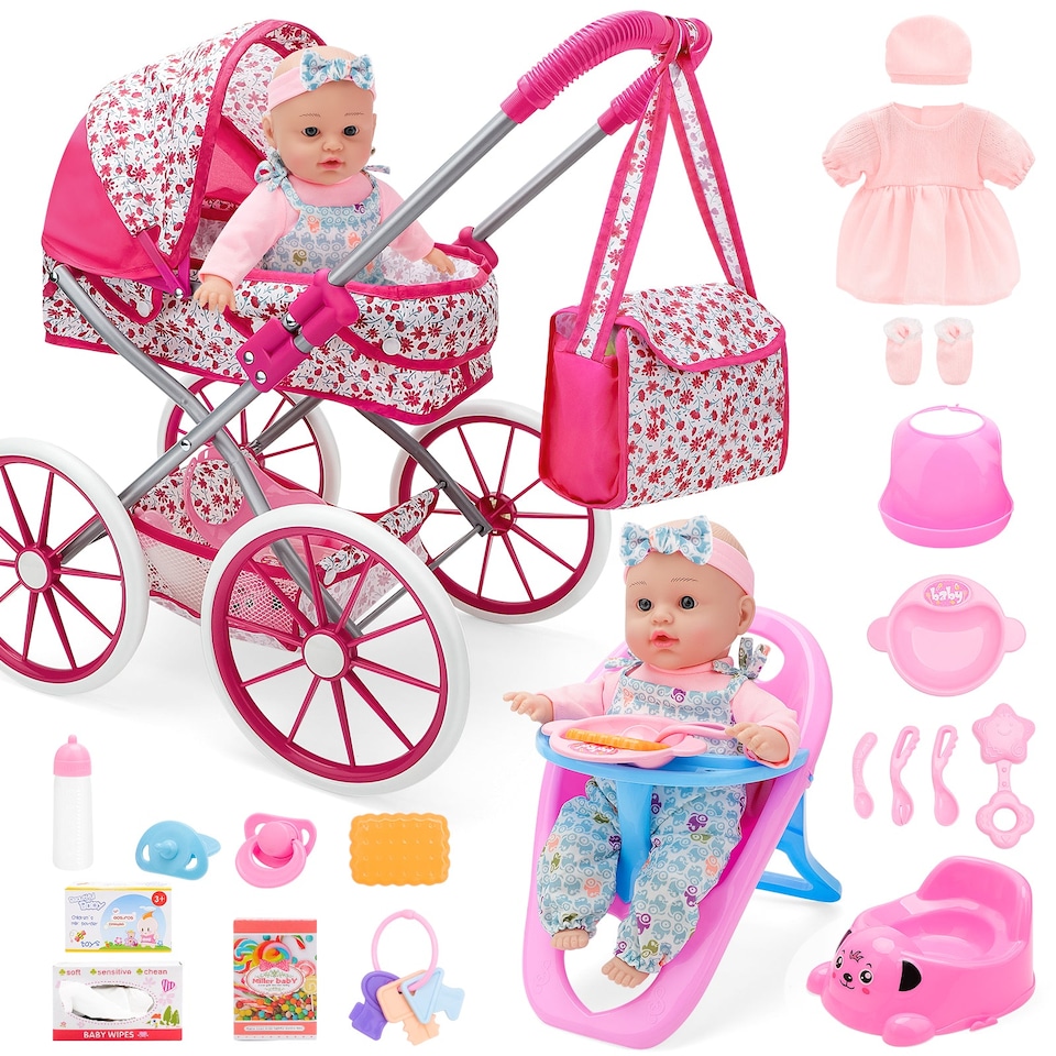 image 1 of 12 inch Baby Doll Feeding Play Set with Stroller High Chair Feeding Set Clothes Storage Bag Pretent Play
