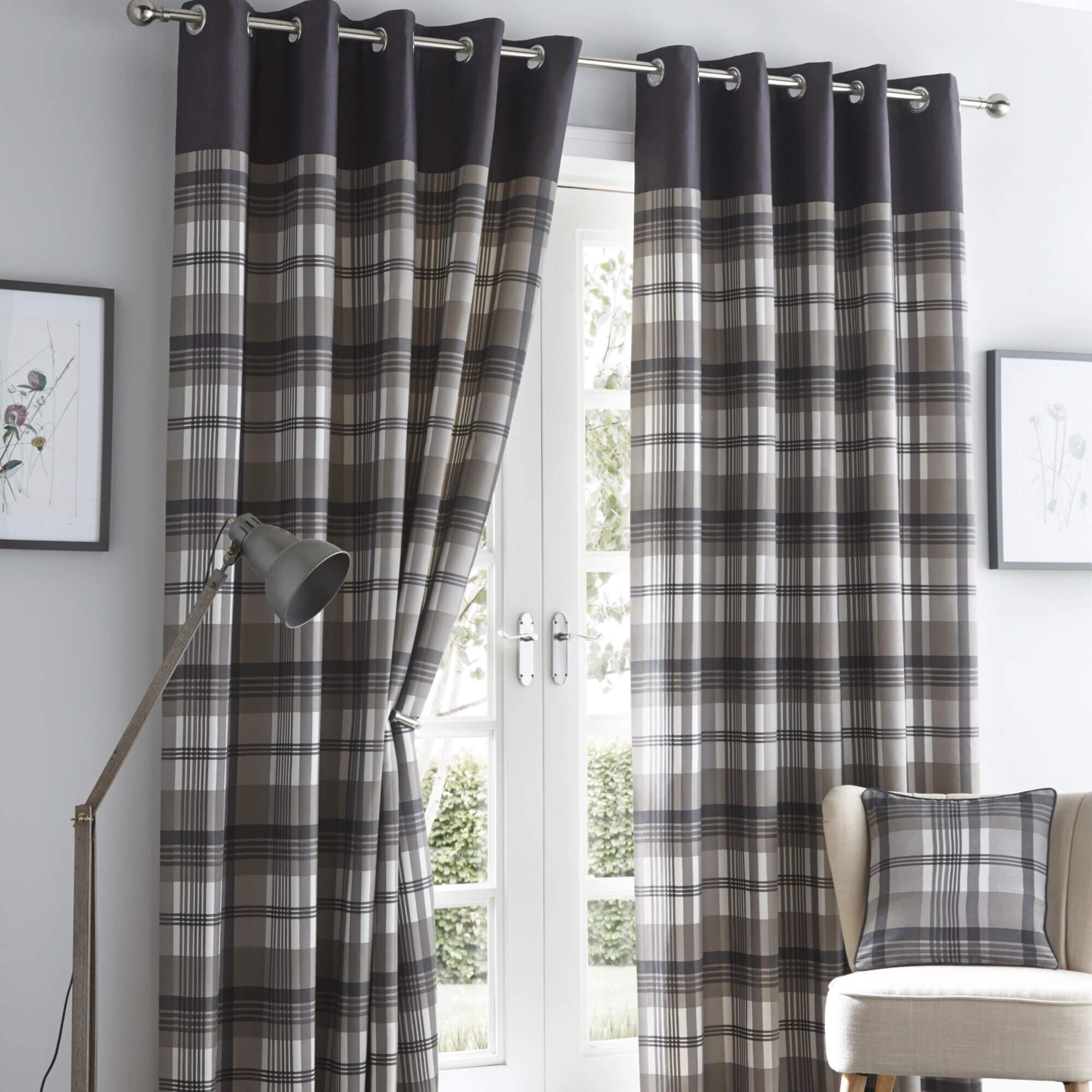 Portfolio Home Orleans Tartan Check Charcoal Grey 66 x 72 Inches Fully Lined Eyelet Curtains