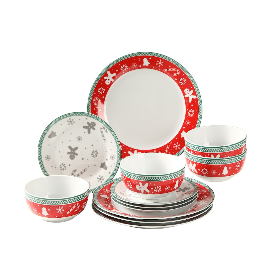image 1 of simpa 12PC Gingerbread Men Christmas Ceramic Dinner Set.