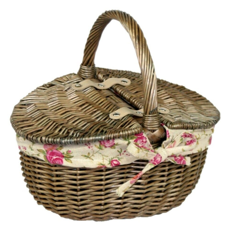 image 1 of Small Antique Wash Finish Oval Picnic Basket with Grey Sage Lining | Grey | Grey | One Size