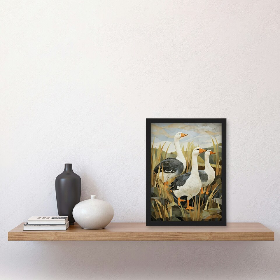 image 1 of Three Wild Geese Stylised Oil Grey Orange Black Framed Wall Art Print A4