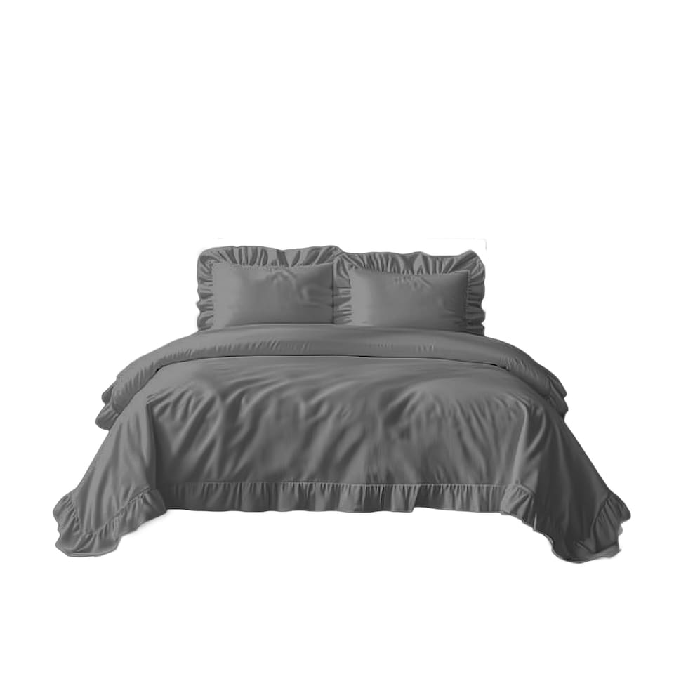 image 1 of Duvet Cover And Pillowcase Set Pink Teal White Green Silver Frilled Design Polycotton Linen White | White | Single